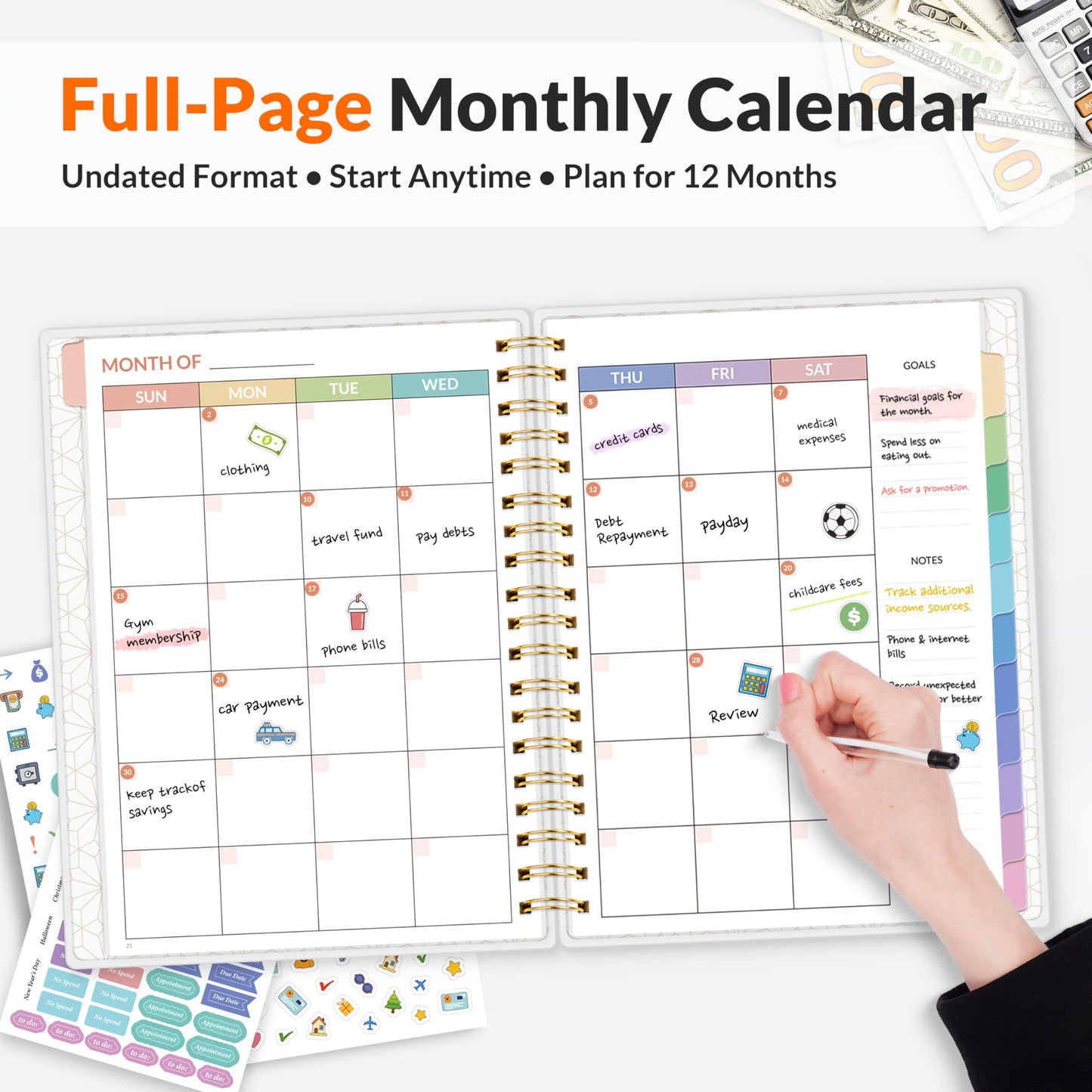 SUNEE Budget Planner - Deluxe Monthly Budget Book with 12-Pockets for Bill Organizer, Undated 12 Month Expense Tracker Notebook & Account Book B5 Size (8" x 10") to Manage Your Finance Planner, Black