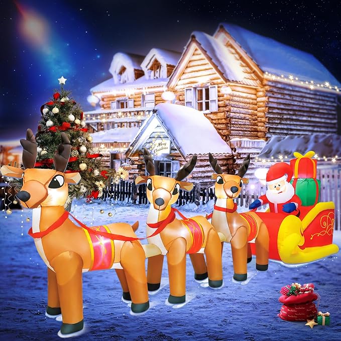DomKom 12 FT Christmas Inflatable Outdoor Santa Claus on Sleigh with Three Reindeer, Building LED Lights, Blow Up Yard Decoration for Party Garden Lawn Winter Decor