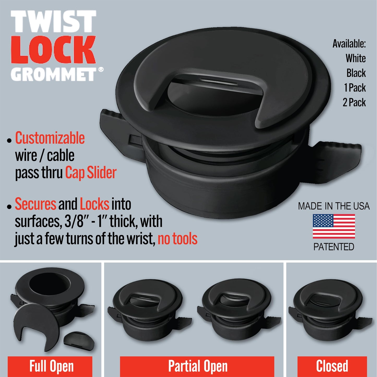2PK Black Patented: Only Cable, Wire, Cord Management, Tool-Free Self-Securing/Locking Grommet with Cap Slider, for Walls, Ceilings, Desks - Used for All Surfaces 3/8" to 1" Thick, Made in USA