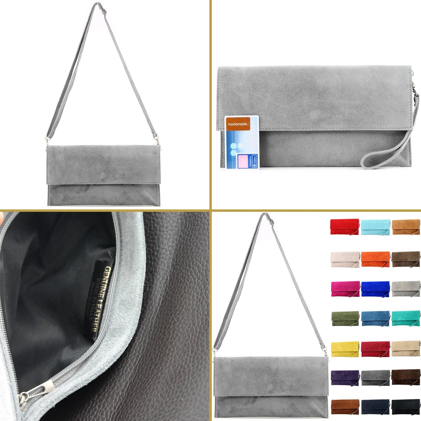 modamoda de - T151 - Italian clutch evening bag made of suede (Black)
