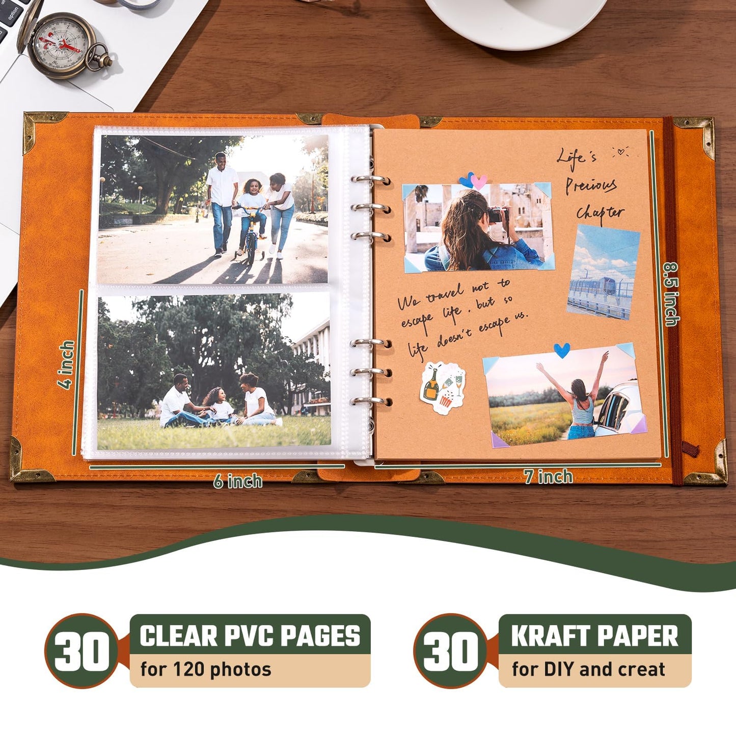 Vintage Photo Album 4x6 Leather Scrapbook Album with Writing Space 120 Photos & 30 Sheets DIY Paper Memory Albums Book for Anniversary Travel Vacation Family Tree, Green
