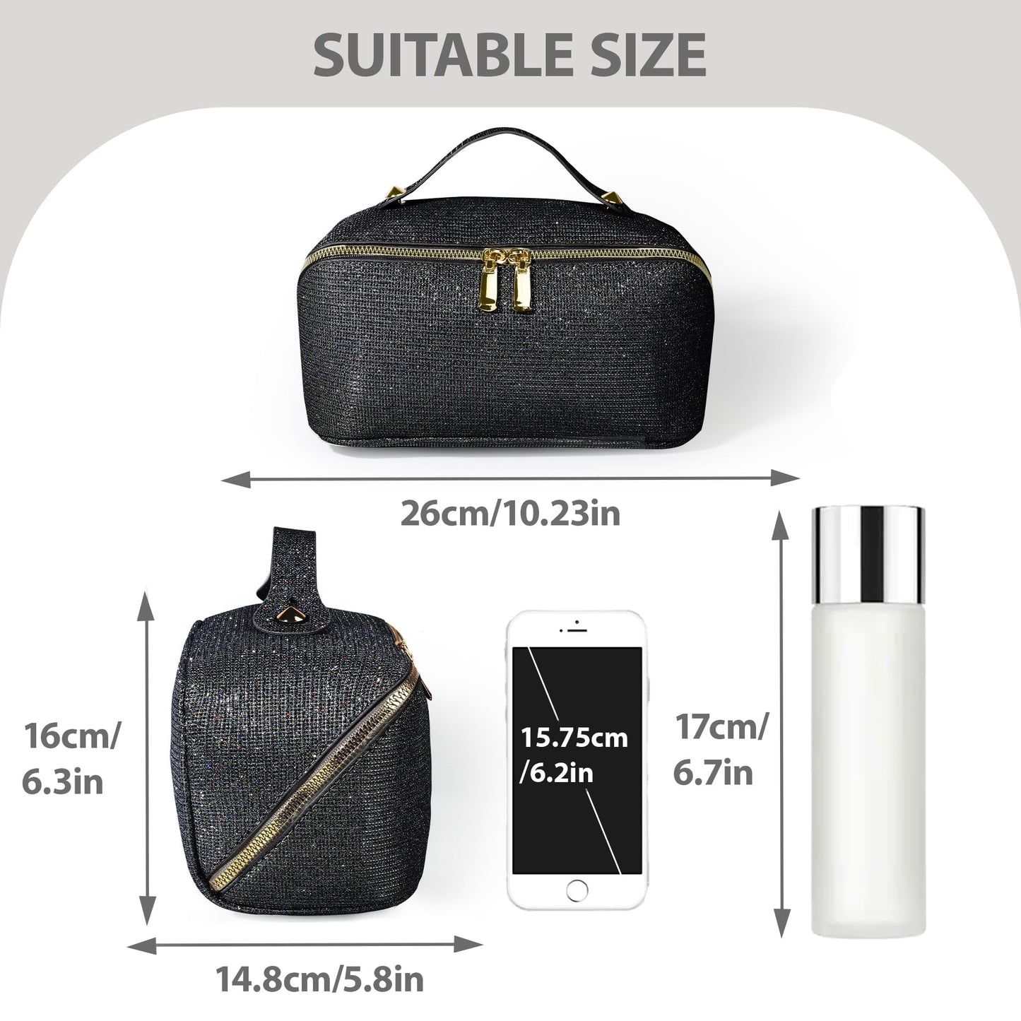 JeeVoya Makeup Bag for Women Large Capacity, Waterproof Travel Cosmetic Bag PU Leather Makeup Organizer with Dividers, Portable Toiletry Bag with Handle (Black)