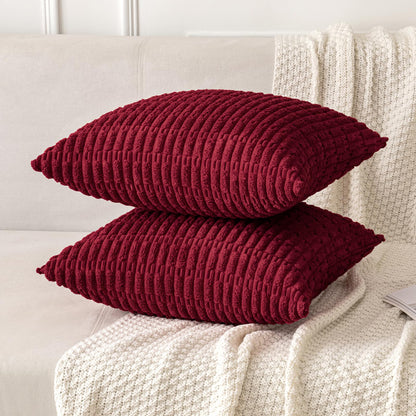 MIULEE Pack of 2 Burgundy Corduroy Decorative Pillow Covers 18x18 Inch Soft Boho Striped Throw Pillow Covers Modern Farmhouse Home Decor for Sofa Living Room Couch Bed