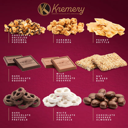 KREMERY Creamy Chocolate Cravings - Chocolate Covered Pretzels & Caramel Popcorn Gift Basket, in Seagrass Tray + Ribbon (Premium, 2.5 lbs) Food Arrangement, Food Assortments USA Made