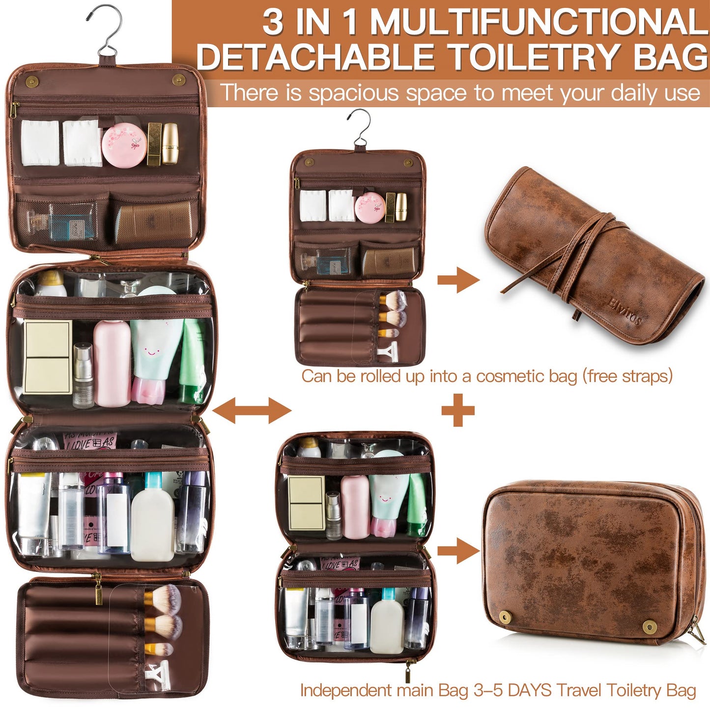 Elviros Hanging Toiletry Bag Removable Travel Bag PU leather Makeup Cosmetic Organizer Kit, Dark Brown