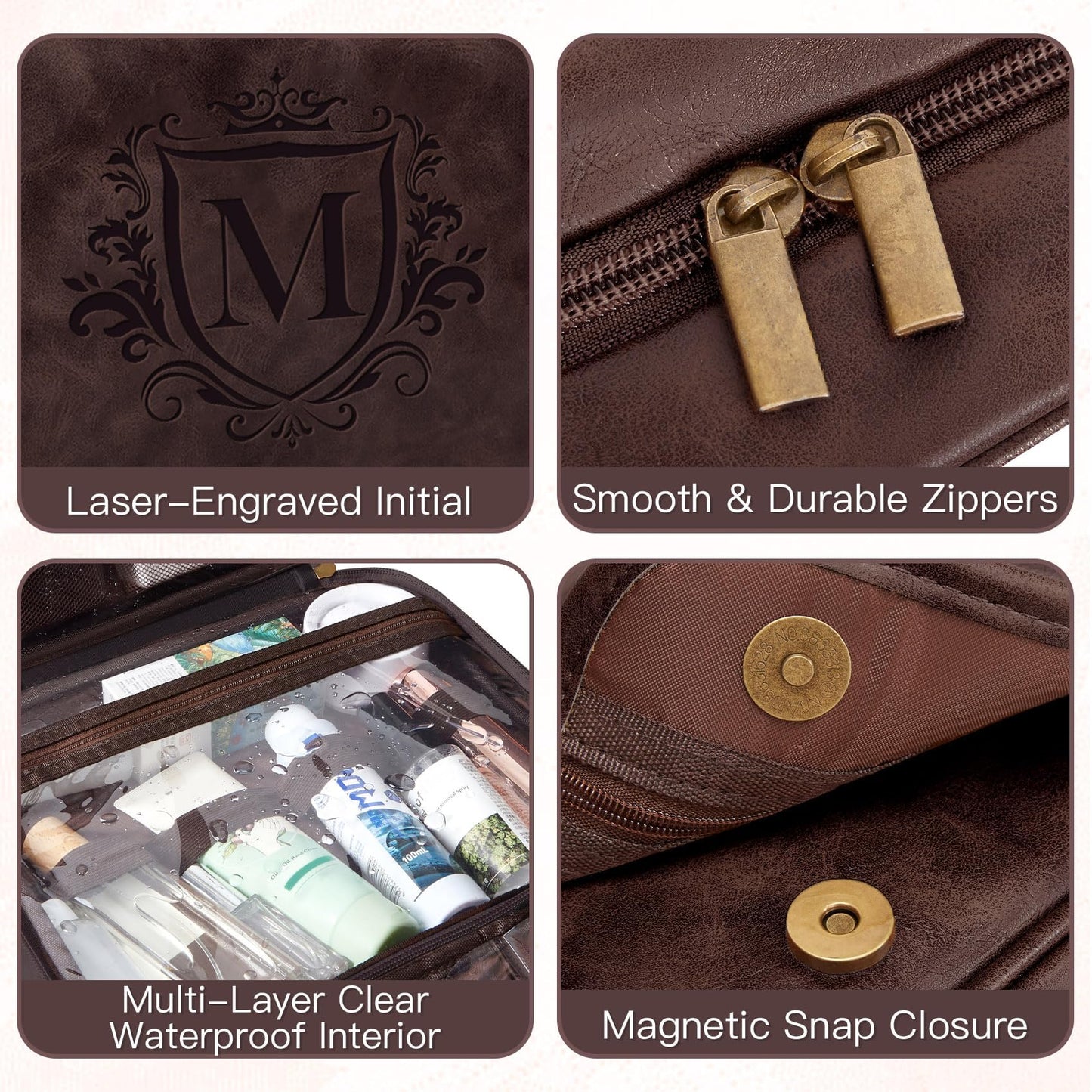 Aganmi Personalized Hanging Toiletry Bag Travel Gifts for Men Him, 3-in-1 Large Laser-Engraved Initial Waterproof PU Leather Shaving Bag Valentines Birthday Gift for Men Dad Husband Dark Brown M