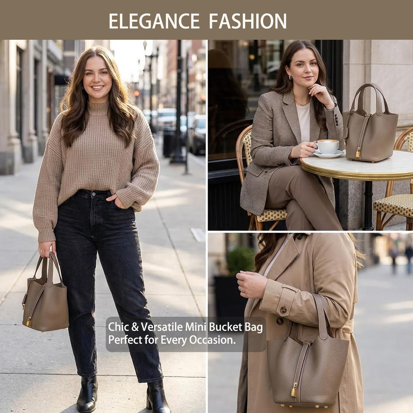 HRANRA Genuine Leather Lock Design Bucket Bag for Women, Vegetable Basket Fashionable Versatile Handbag (Grey)