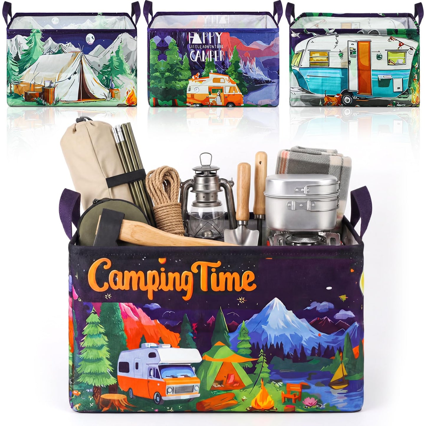 Breling 4 Pcs Camping Storage Baskets with Handles Black Night Camping Laundry Hamper Large Collapsible Bonfire Woodland Theme Baskets Storage Bins Boxes for Outdoor Lake Camp, 15 x 10 x 8 Inch