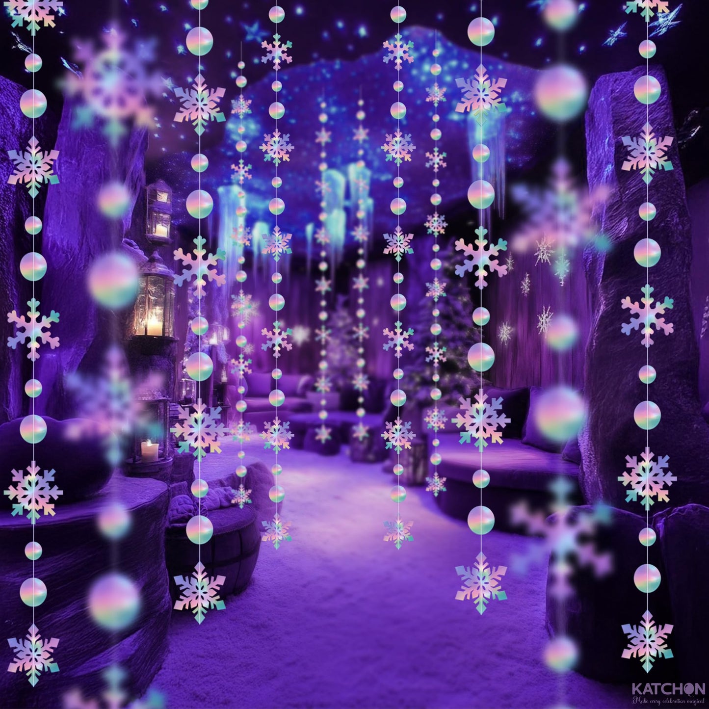 KatchOn, 6.5 FT Christmas Garland Decorations- 8 String, No DIY | Snowflake Garland | Hanging Christmas Decorations Indoor | Snowflakes Streamers for Iridescent Party Supplies, Winter Decor