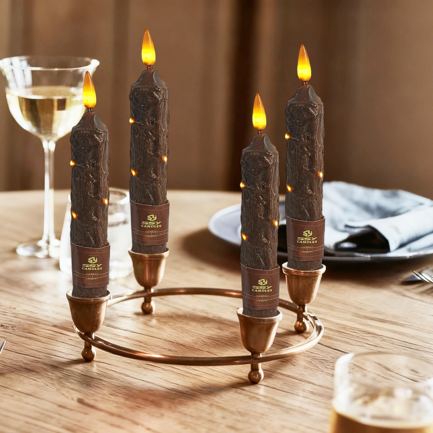 XINAOBAOLUO 6.5 inch Flameless Brown Taper Candles Flickering with 10-Key Remote, Battery Operated Led Warm 3D Wick Light Window Candles Real Wax Pack of 4, Christmas Home Wedding Decor