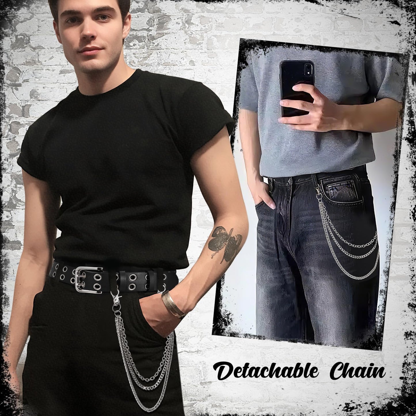 BELTROAD Double Grommet Studded Belt with Detachable Chain Goth Belt for Men Women Punk Rock Metal for Jeans Pants