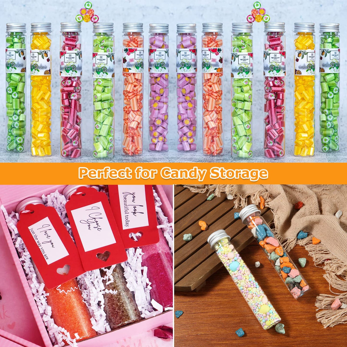Oungy 50 Pack 65ML Plastic Test Tubes with Screw Caps Plastic Candy Tubes Clear Bath Salt Tubes Gumball Tubes Container Vials for Candy Bath Salts Spices Party Favors