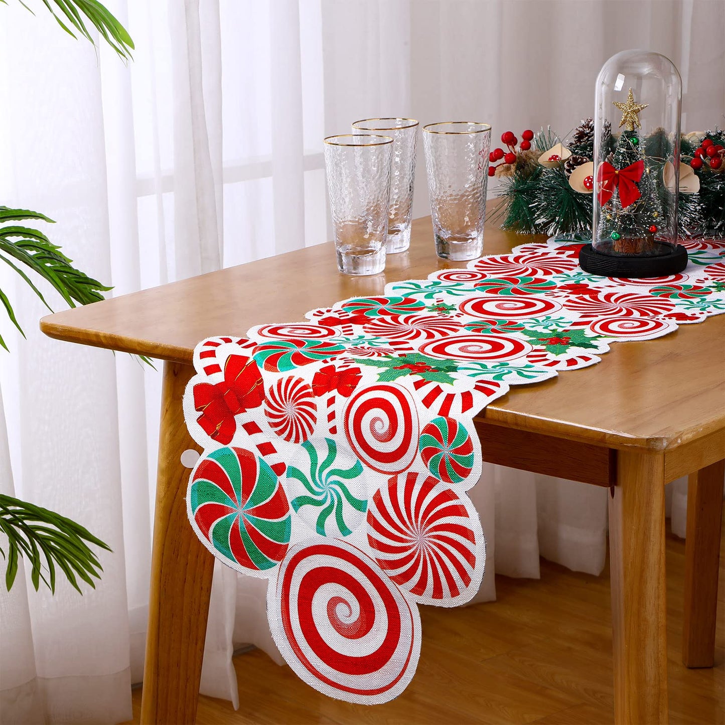 Kingdder Christmas Table Runner Candy Cane Peppermint Red White Green Lollipop Bow Table Mat Xmas Party Decor Centerpiece for Home Christmas Party Decoration, 71 x 14 Inch(Candy)