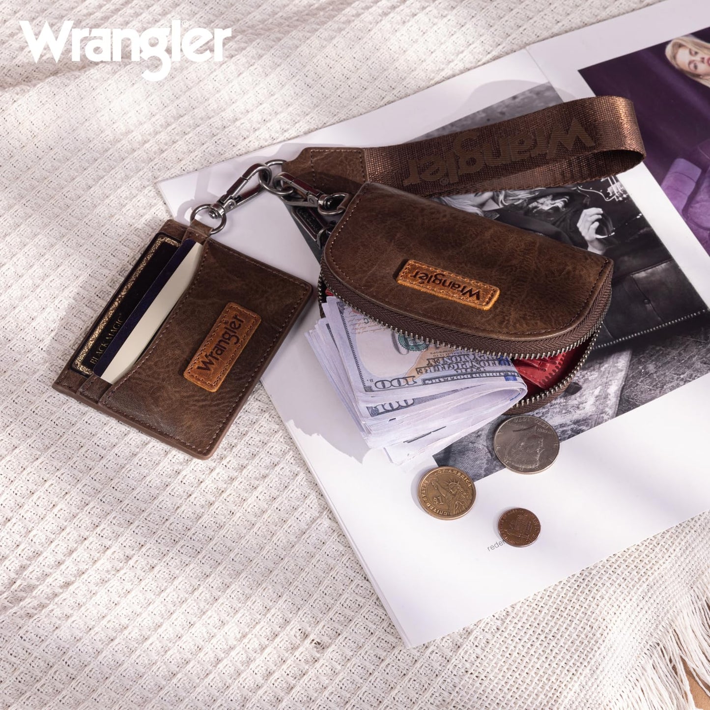 Wrangler KeyChain Wallet Wristlet Wallets for Women Dual Pouch Wristlet with Zipper Womens Credit Card Holder Wallet