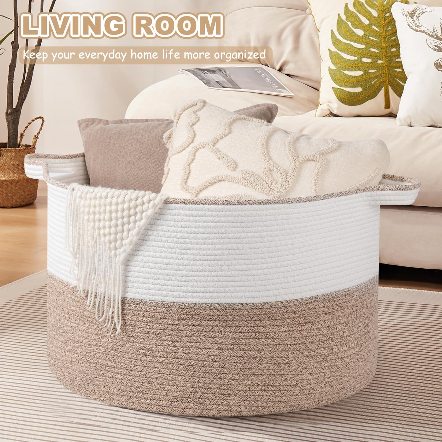 OIASKET XXL Large Blanket Basket with Handles, 105L Woven Storage Basket for Living Room, Cotton Rope Baby Toy Storage for Clothes, Pillows, Towels-Brown & White