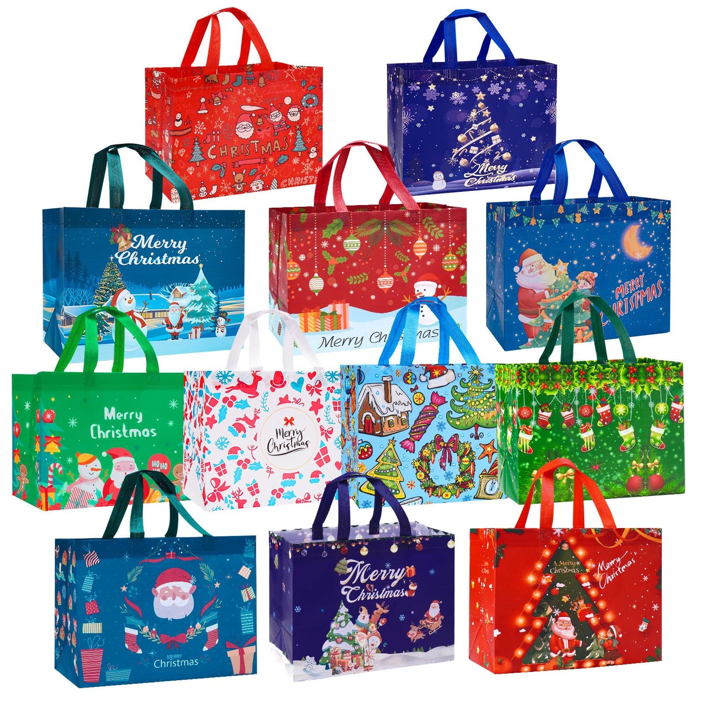 Heetobcos 12 Pack Christmas Gift Bags Large Reusable Tote Bags, Non-Wove Bags for New Year's Shopping, Christmas Surprise, Xmas Party Supplies,12.8"×9.8"×6.7"