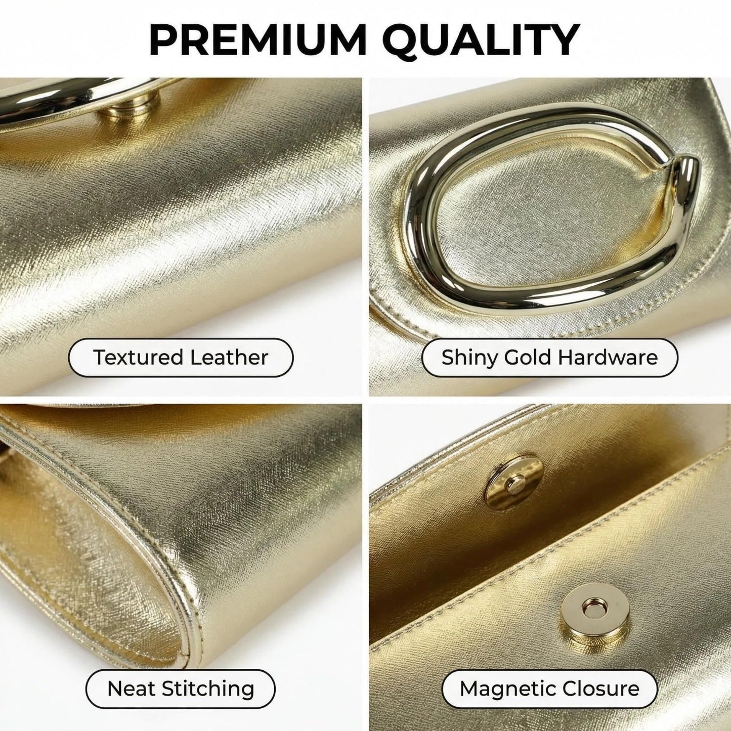 Gripit Gold Clutch Purses for Women Minimalist Statement Evening Bag PU Leather Handbag with Metal Handle for Wedding Party Prom