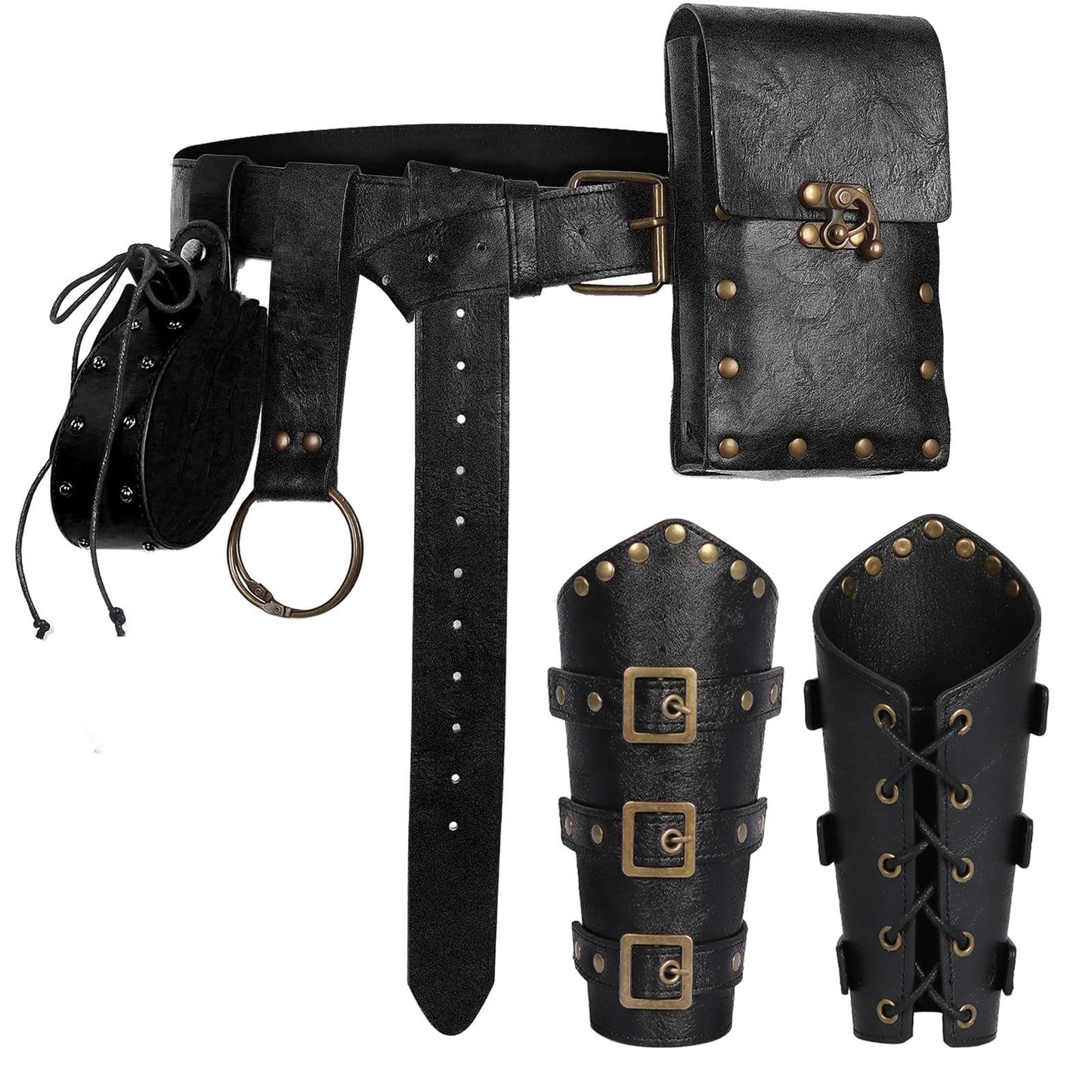 Renaissance Belt Pouch Set Medieval Viking Pirate Leather Belt Pouch & Bracers, Festival Accessories for Halloween (Black)