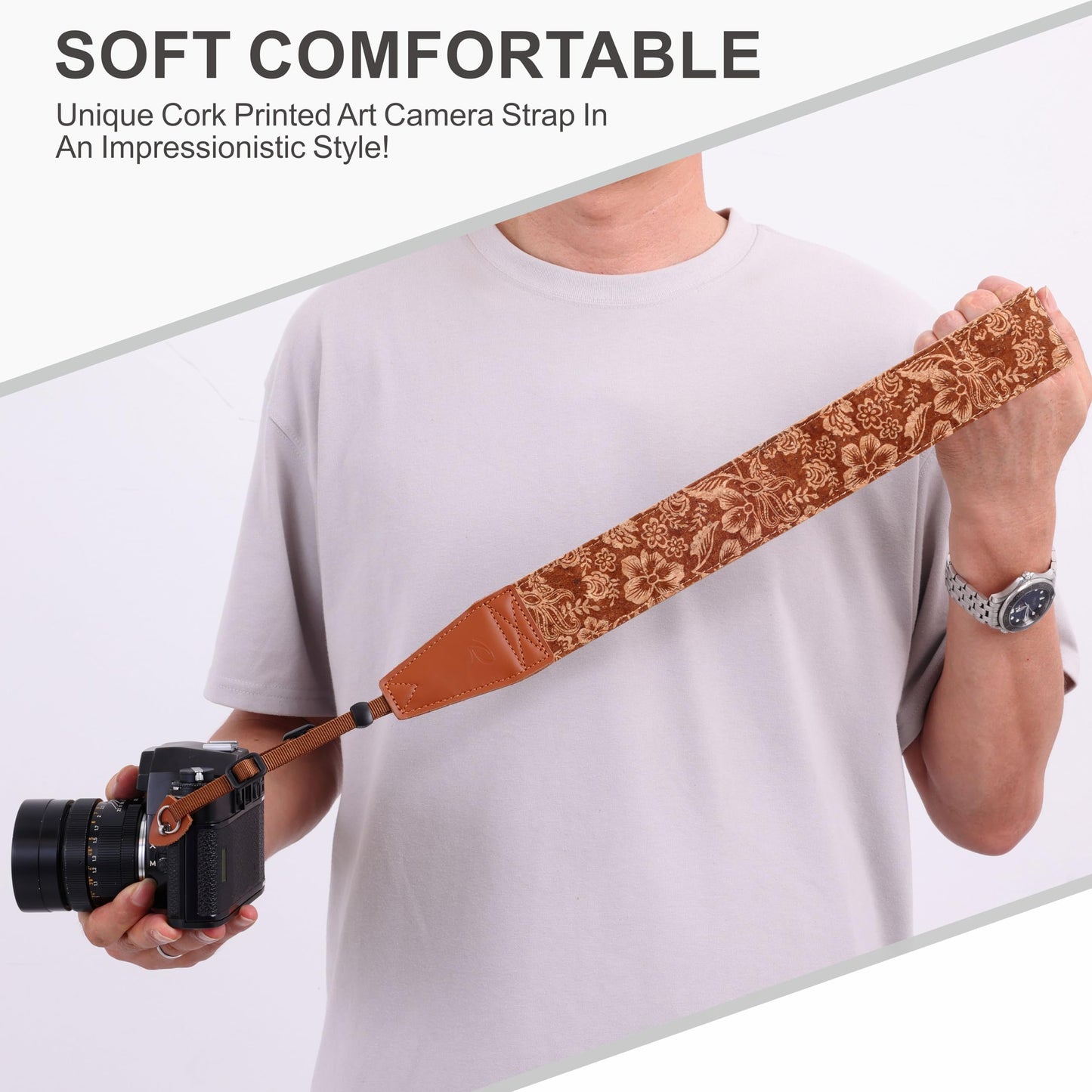 Padwa Lifestyle Cork Camera Strap - 2" Top Layer Cowhide Head Camera Straps for Photographers,Natural Log Crackle Art Print Style,Soft Chamois Velvet Padded Strap Quick Release fits All Cameras