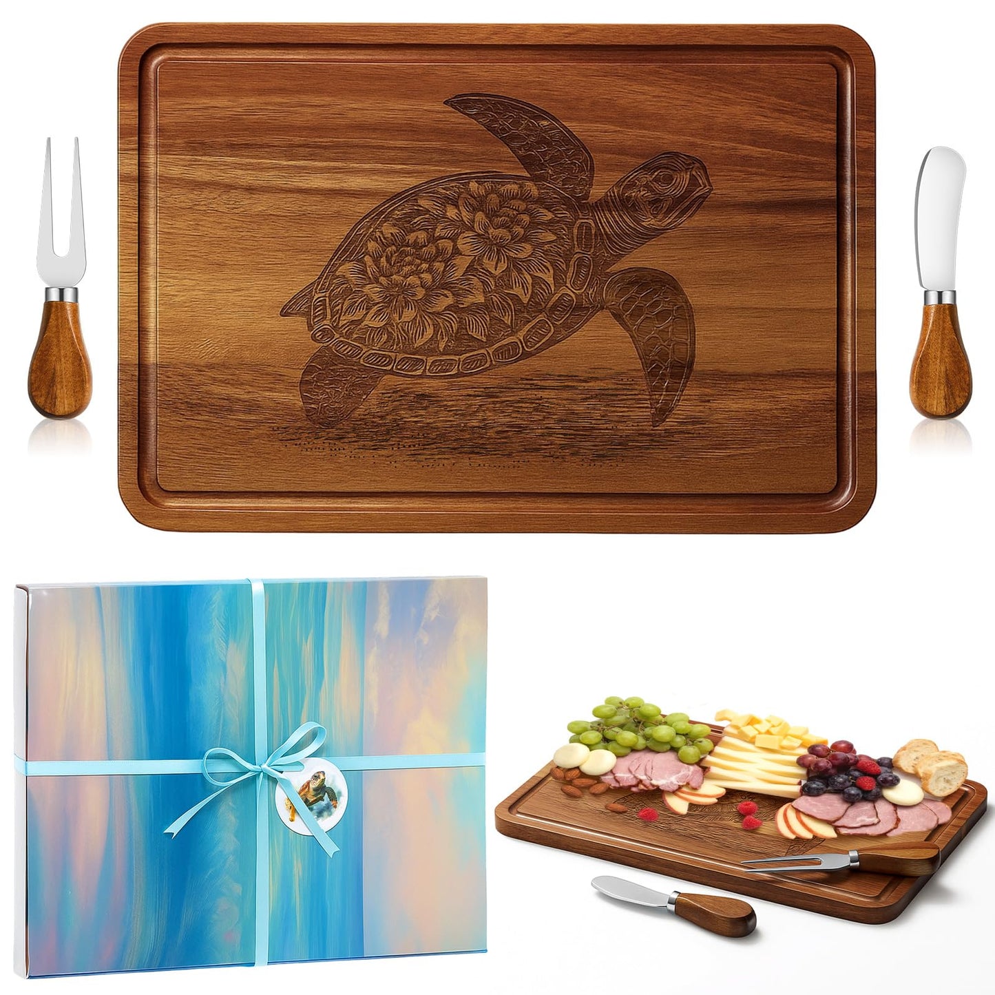 Ziliny Sea Turtle Charcuterie Board Set Cutting and Cheese Board Wooden Platter with Knives and Forks Serving Trays Gift for Christmas Kitchen Food Fruit(Acacia)