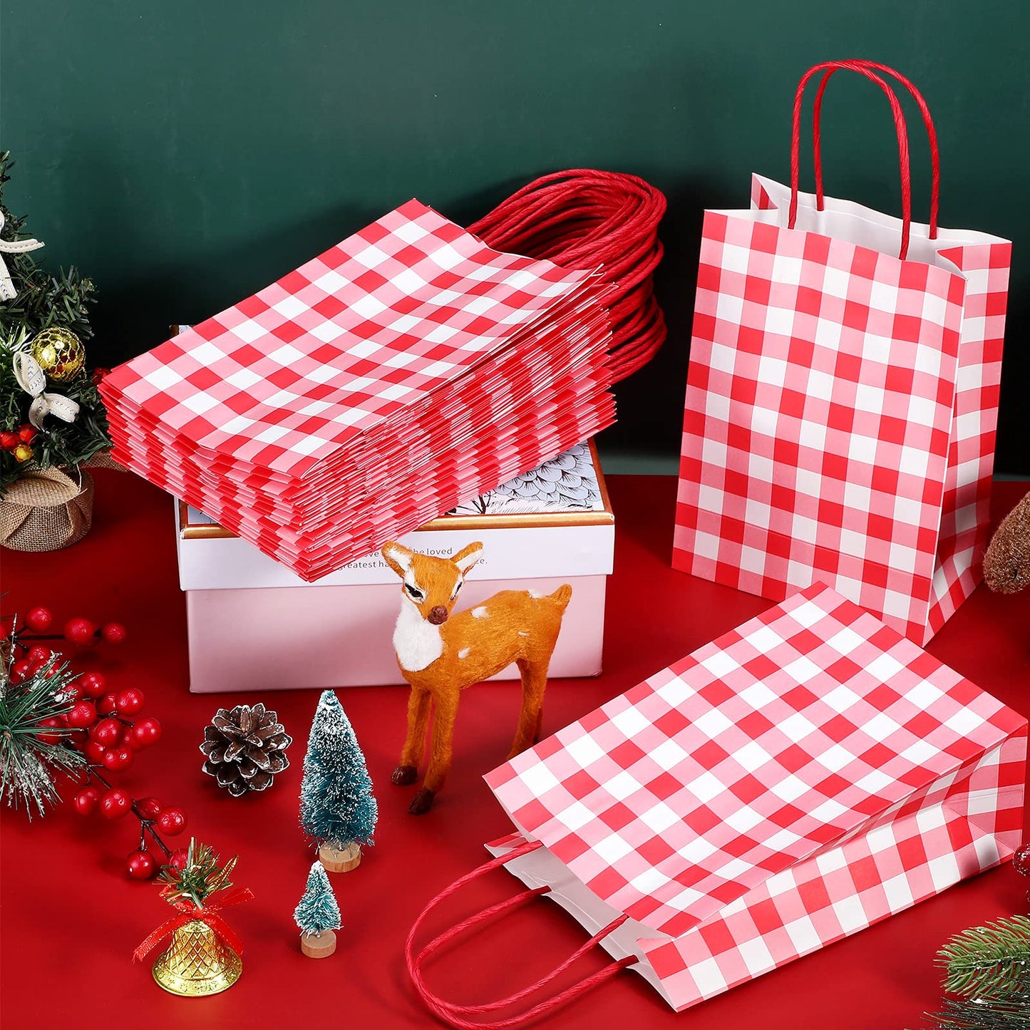 Chinco 30 Pcs Red White Gingham Paper Gift Bags Bulk with Handles, Candy Goodie Plaid Bags for Party Favors Supplies, Christmas, Birthday, Baby Shower, Wedding, Candy, Cookies, Gifts