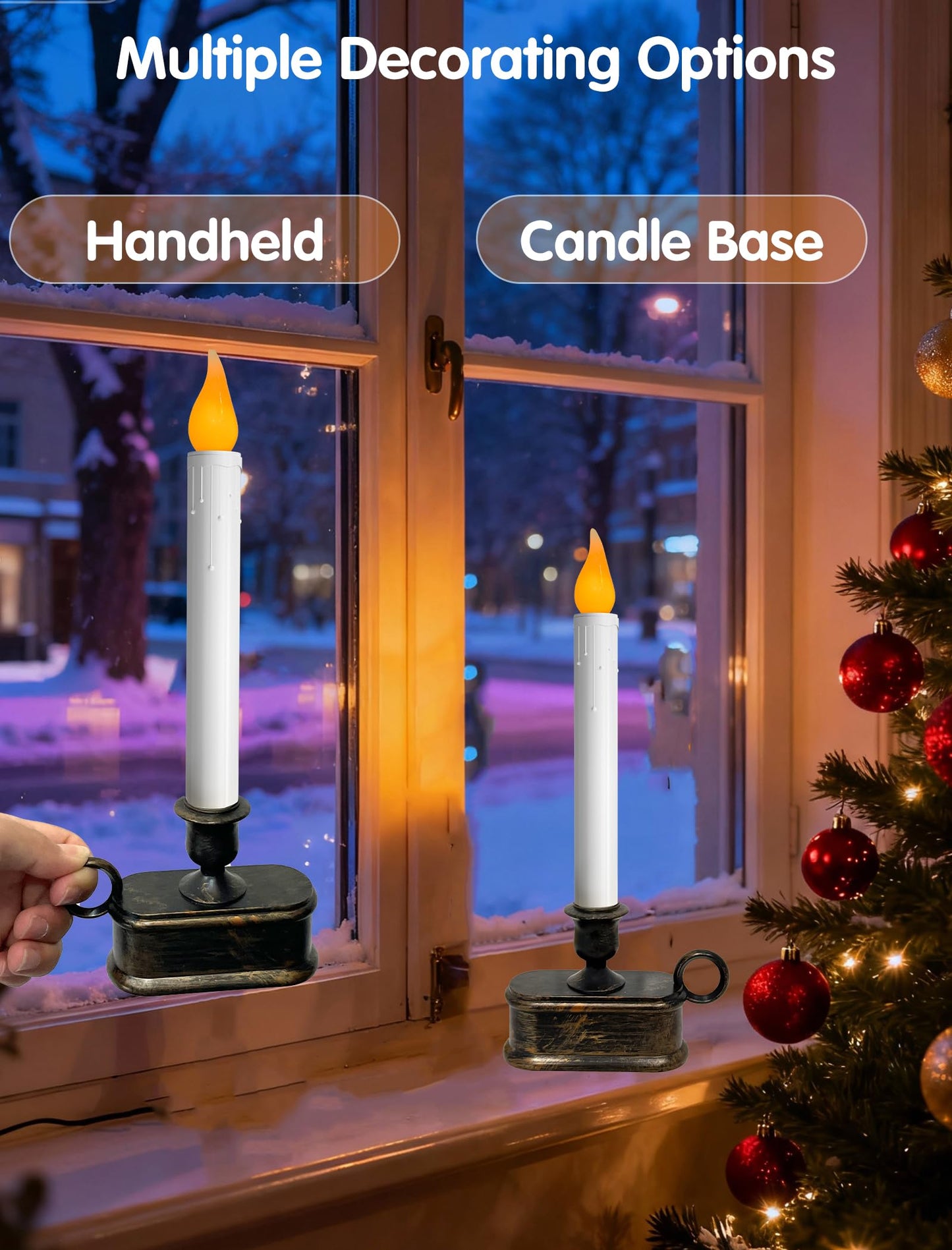 4 Pack Christmas LED Candle Lamps with Sensor, 10Inch Battery Operated Window Candles with Flickering Flame for Indoor Bedroom Christmas Decoration with Bronze Plated Holder