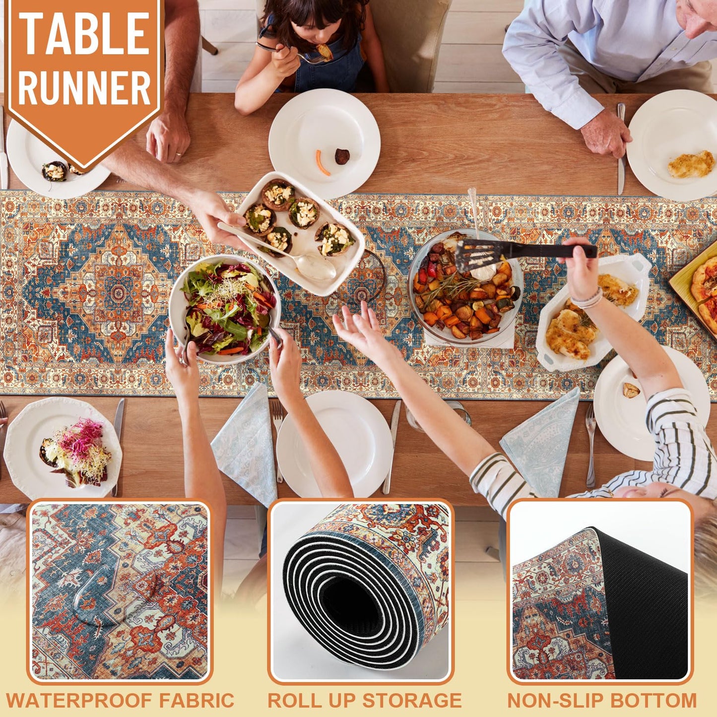 SmoothNovelty Boho Heat Resistant Table Runner 39.4 x 11.8 Inch Faux Leather & Rubber Waterproof Table Protector Pad Heat Proof Trivet 350f for Hot Plates and Pots from Scratch
