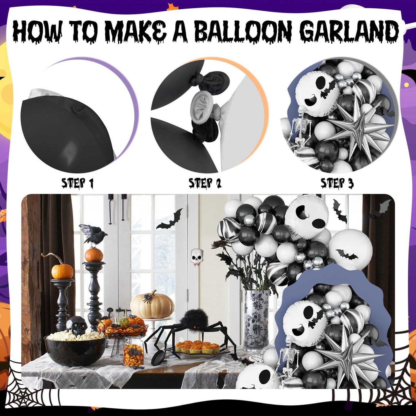 Halloween Balloon Arch Kit, Black White Skeleton Balloons Halloween Decorations Balloon Garland with Explosion Star Skull Foil Balloons for Haunted House Party Decorations