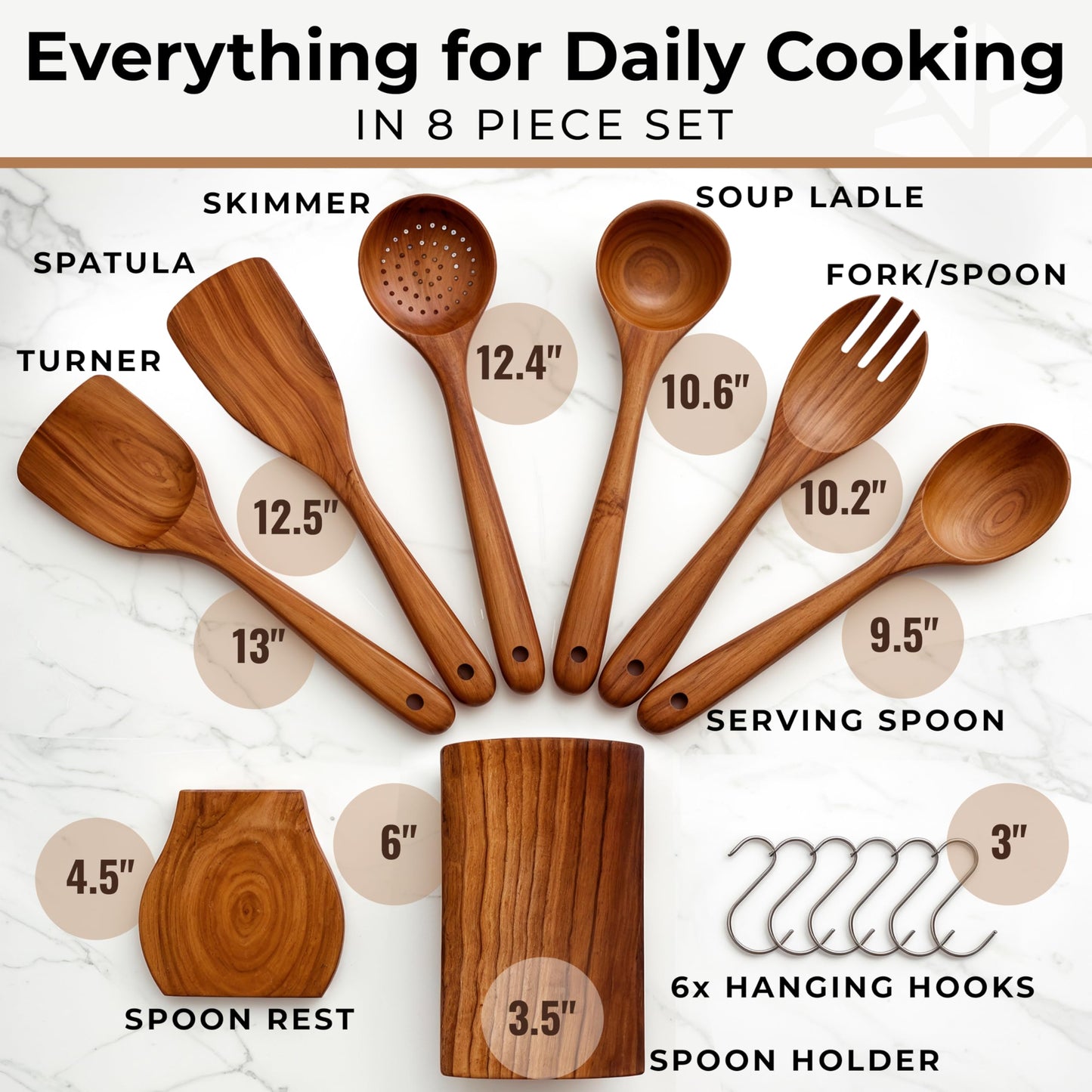 Wooden Utensil Set 8 Pcs – Sturdy & Easy to Clean, Natural Teak Wooden Spoons for Cooking – Non-Scratch Cooking Utensils with Spatula, Turner, Ladle, Spoons, Skimmer, Holder, Spoon Rest & 6 Hooks