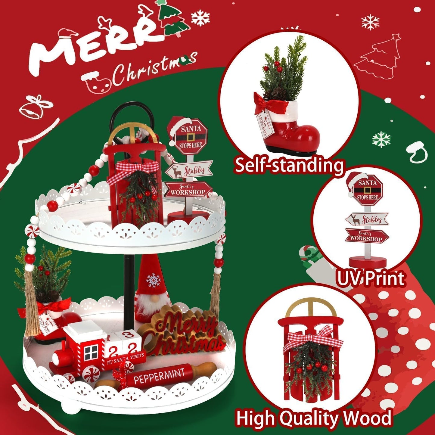 Christmas Decorations 8 PCS Tiered Tray Decor Set, Cute Tabletop Christmas Decor for Home Office Shelf Mantel Coffee Bar Xmas Table Centerpieces Tray Objects Holiday Decoration Set