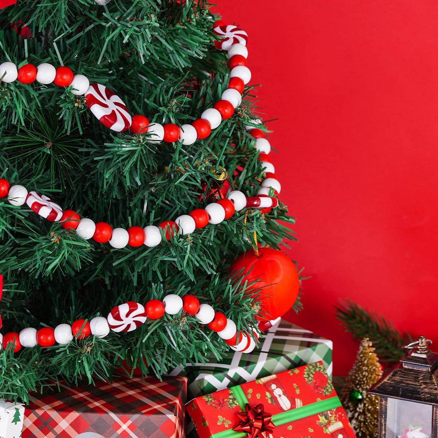 obmwang 10 Feet Christmas Wooden Bead Candy Garland Red and White Peppermint Candy Bead Garland for Xmas Party Supplies Holiday Decor