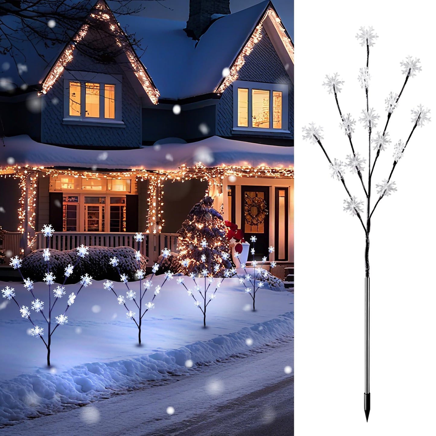 Brightown Snowflake Lights Outdoor Pathway, 4 Packs Lighted Branches Christmas Yard Decor, Small Christmas Tree with Lights, Twig Branch Light Outdoor Christmas Decorations Yard, White