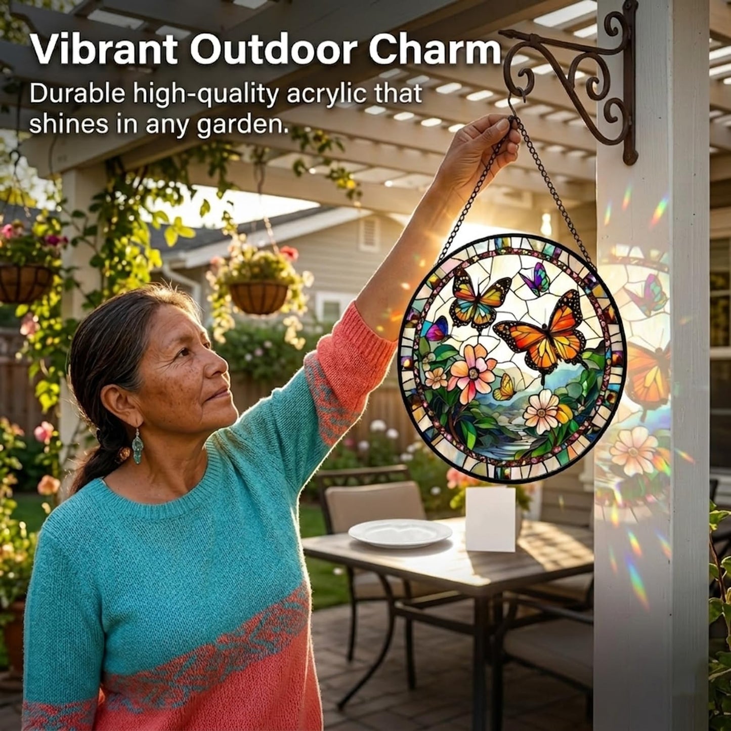 Butterfly Gifts for Mom - Flower Landscape Faux Stained Glass Window Hanging Sun Catcher for Door Garden Acrylic Decor Mother's Day for Women Nana Grandma Sisters Wife Mother 7.8"