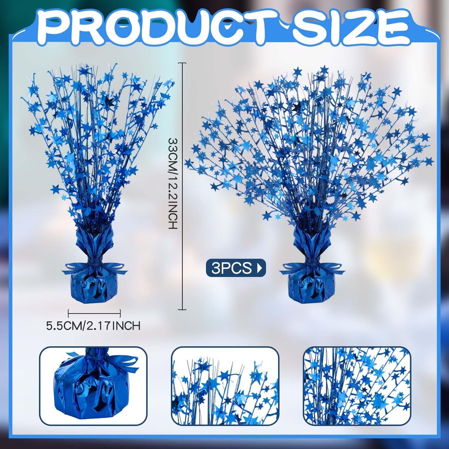 Crowye 3 Pcs Table Centerpiece for Party Blue Star Table Decoration Metallic Foil Spray Centerpiece for Birthday 4th of July 250th Anniversary Party Decorations