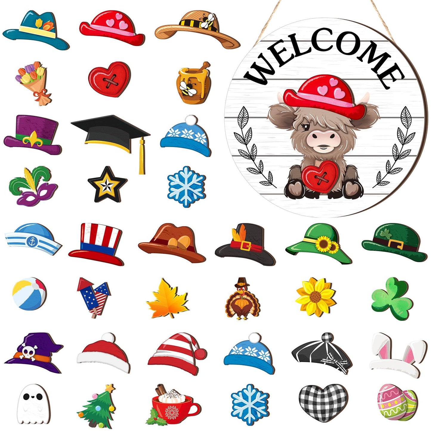 Vicenpal 35 Pcs Patriotic Interchangeable Highland Cow Welcome Sign 4th of July Highland Cow Seasonal Wooden Hanging Door Decor Farmhouse Hanging Sign for All Seasons Holiday Party Decor(White)