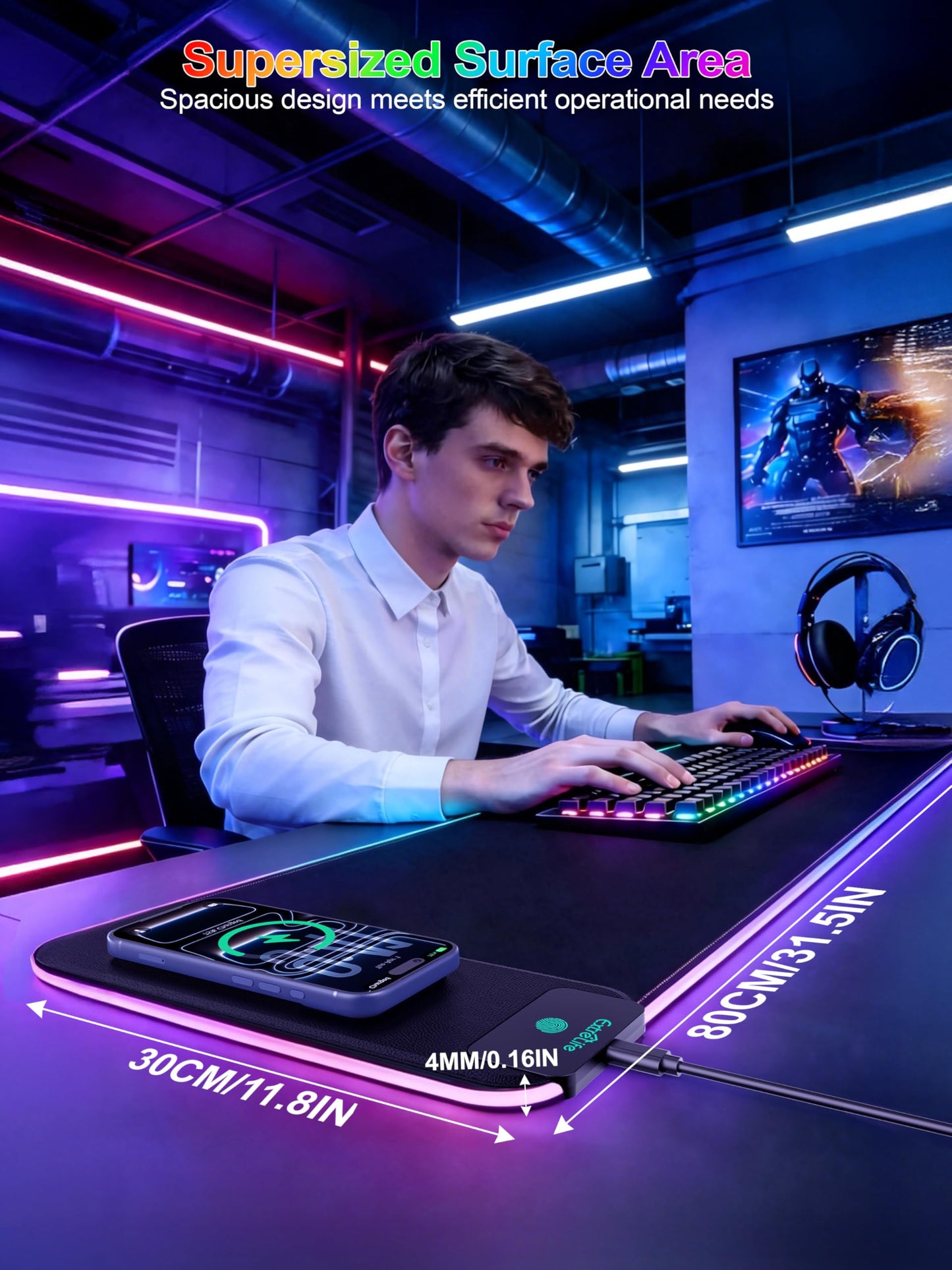 Mouse Pad with 15W Wireless Charging, RGB Gaming Mousepad, 31.5"x11.8" Large XXL Desk Mat, 16 Lighting Modes Keyboard Pad with Non-Slip Rubber Base, Waterproof Computer Mat for Gaming, Black-Right