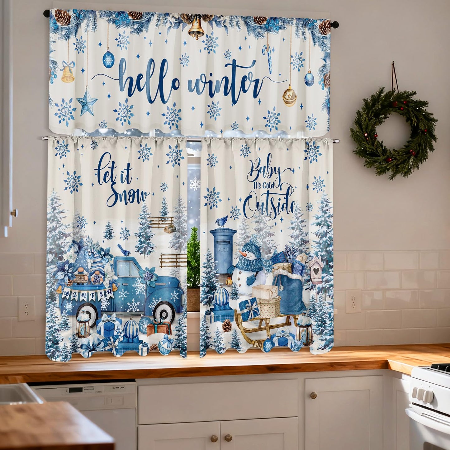 Breling 3 Pcs Winter Snowflake Kitchen Curtains Valances and Tiers Set for Windows Winter Snowman Gnome Gifts Pine Tree Decor Short Curtain Set for Bedroom Window Treatment Decor Party Supplies