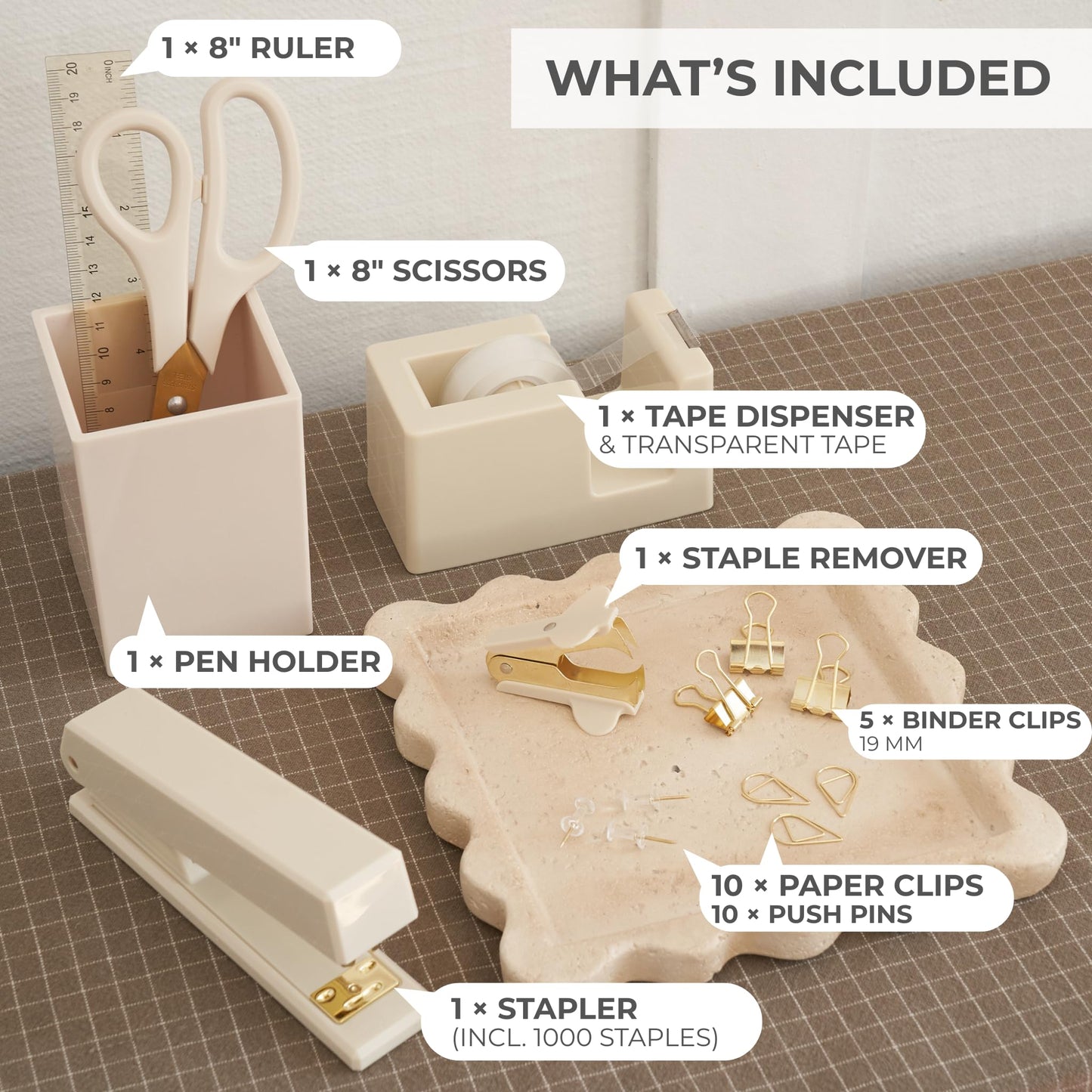 Aesthetic Desk Accessories Set - A Complete Desktop Organizer Set For Women Enhances Any Office Decor - An Office Supplies Kit w Gold Finish incl. Pen Holder, Scissors, Stapler, Tape Dispenser & More