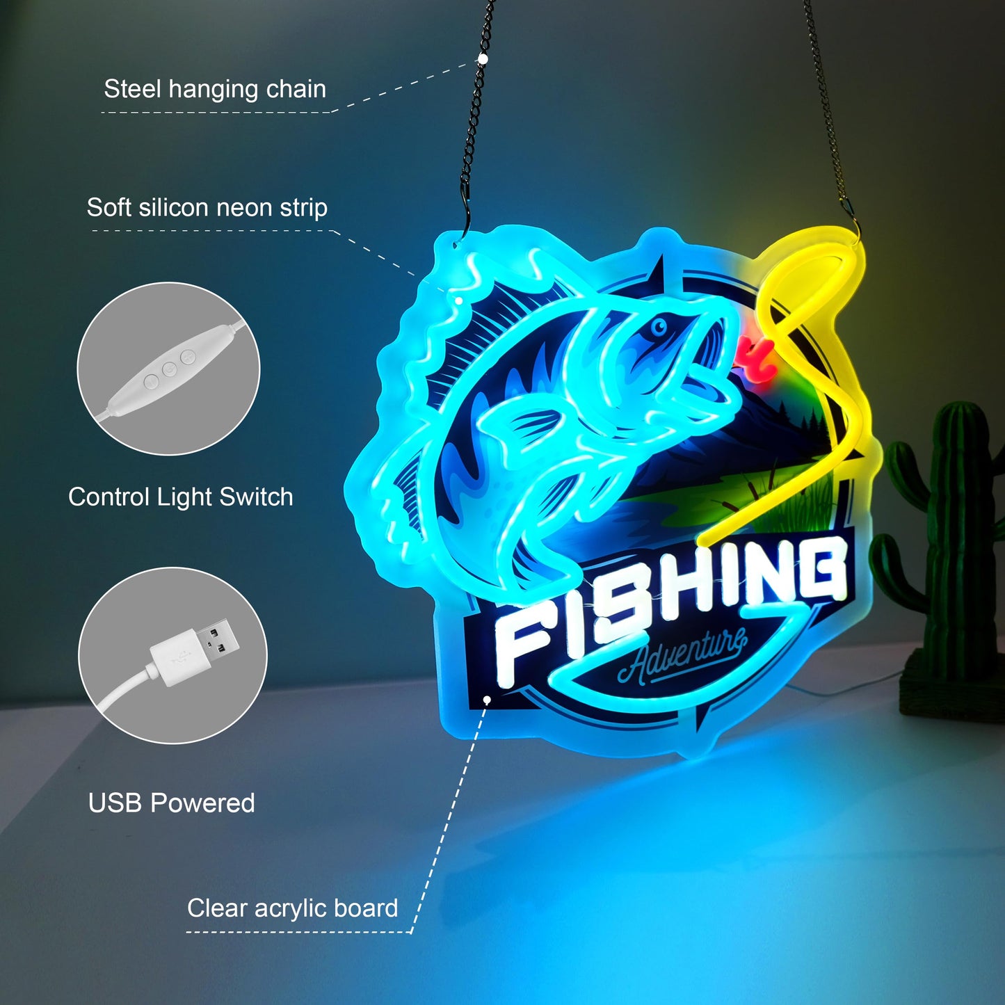LIUISNEO Fishing Neon Sign,Innovative Integral Forming Process,With Dimmable Switch For All Holiday Party and Home Decoration