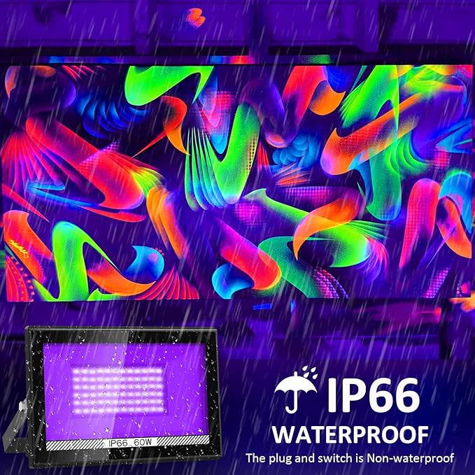 60W Black Lights, 2 Pack LED Blacklight Flood Light with Plug, IP66 Waterproof Black Lights for Glow Party, Stage Lighting, Body Paint, Fluorescent Poster, Neon Glow