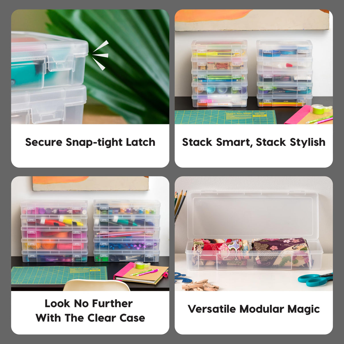 IRIS USA Pencil Case Box Storage Container for Organizing with Snap Lid, 10-Pack, Big Capacity Stackable Plastic Pen Pouch for Craft Hobby Art Supplies Journaling Stationery Sticker, Clear, Medium
