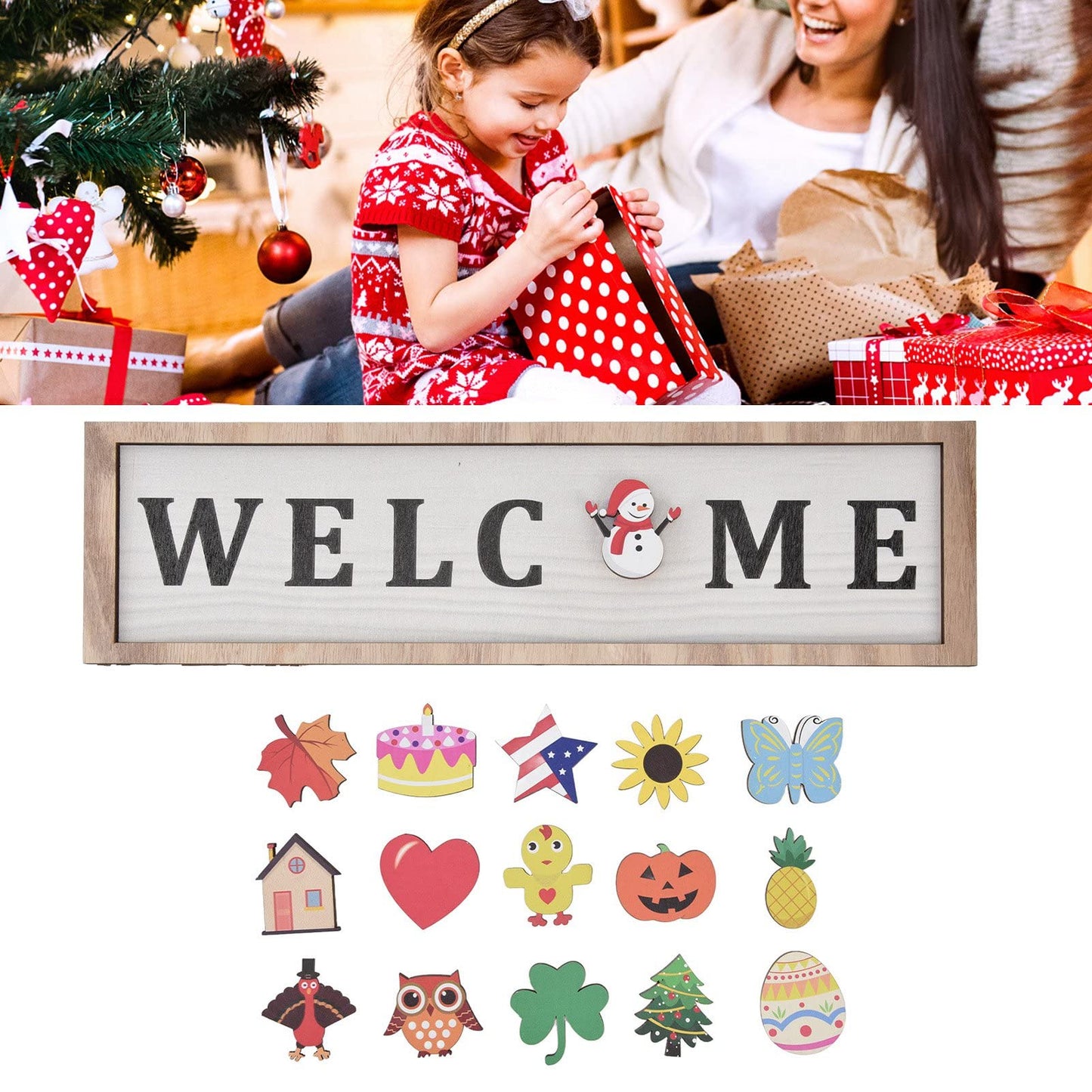 Holiday Interchangeable Welcome Sign for Front Door Christmas Wood Porch Sign with 16 Pcs Seasonal Icons Home Farmhouse Xmas Welcome Outdoor Festival Seasonal Decoration
