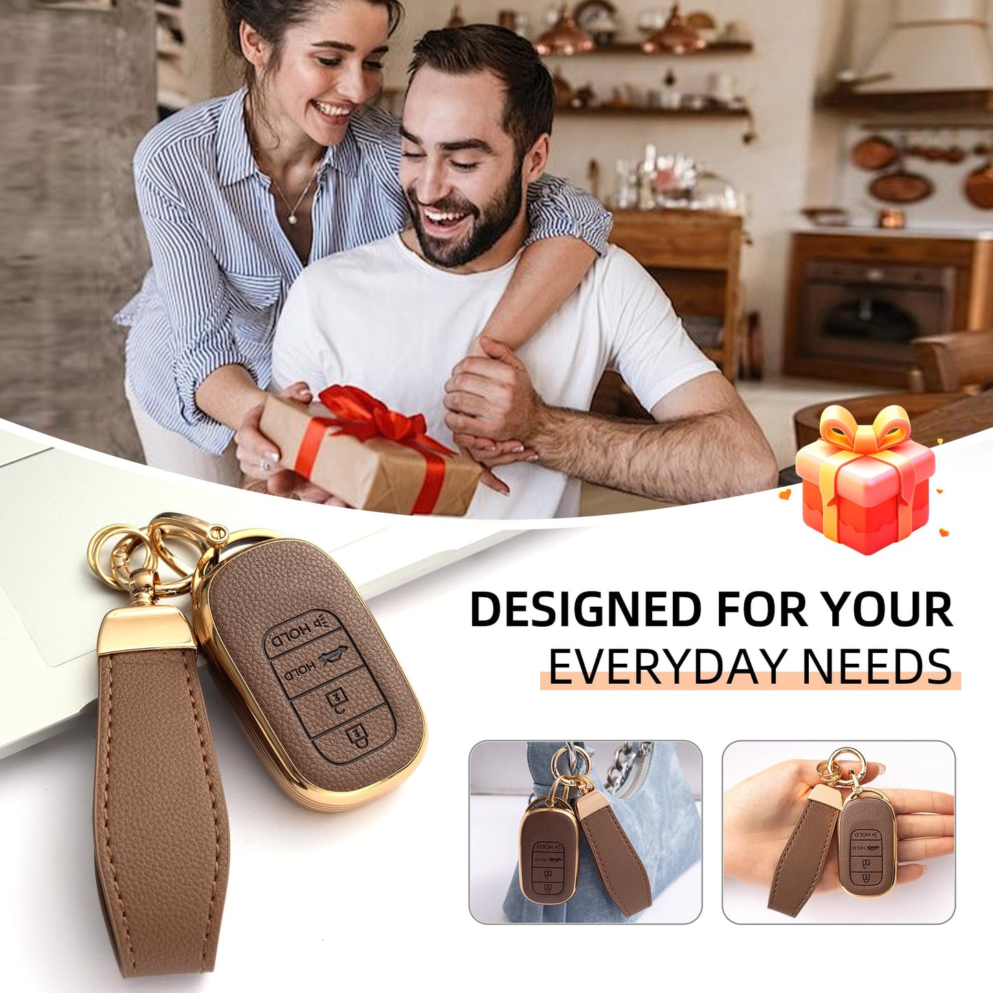 GripKeyShell™ for Honda Key Fob Cover, Leather + Soft TPU Car Key Case with Keychain Compatible with 2022-2026 Civic Accord CR-V HR-V Pilot Passport, Full Protection Car Key Accessories