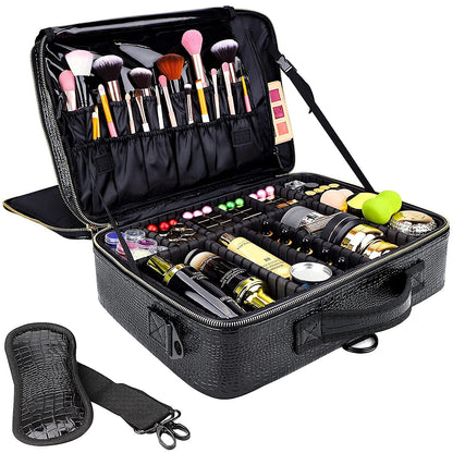gzcz Large Capacity Travel Makeup Case Organizer,Professional Cosmetic Bags for Women,Waterproof PU Leather Makeup Bag with Adjustable Dividers and Shoulder Strap for Brushes and Jewelry