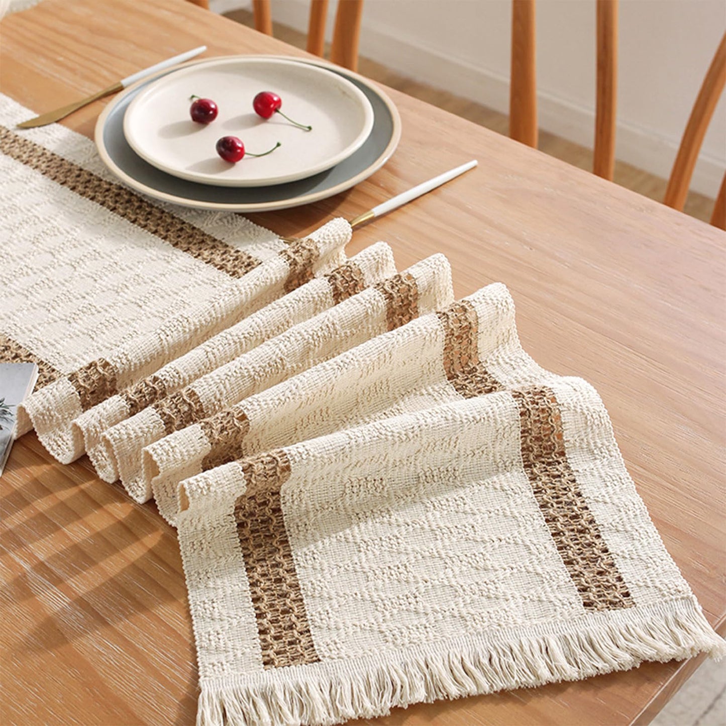 Niviy Boho Table Runner 108 Inches Long Summer Farmhouse Macrame Table Runner Cotton Linen Woven Table Runners for Fall Dining Table Home Decor, Beige & Brown