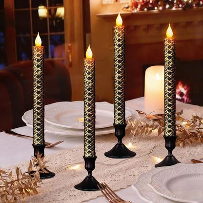 LCZLUMIPRO 6 Pcs Black and Gold Flameless Taper Candles - 9.65 Inch Battery Operated LED Candlesticks with Flickering Flame for Elegant Table, Wedding & Home Decor