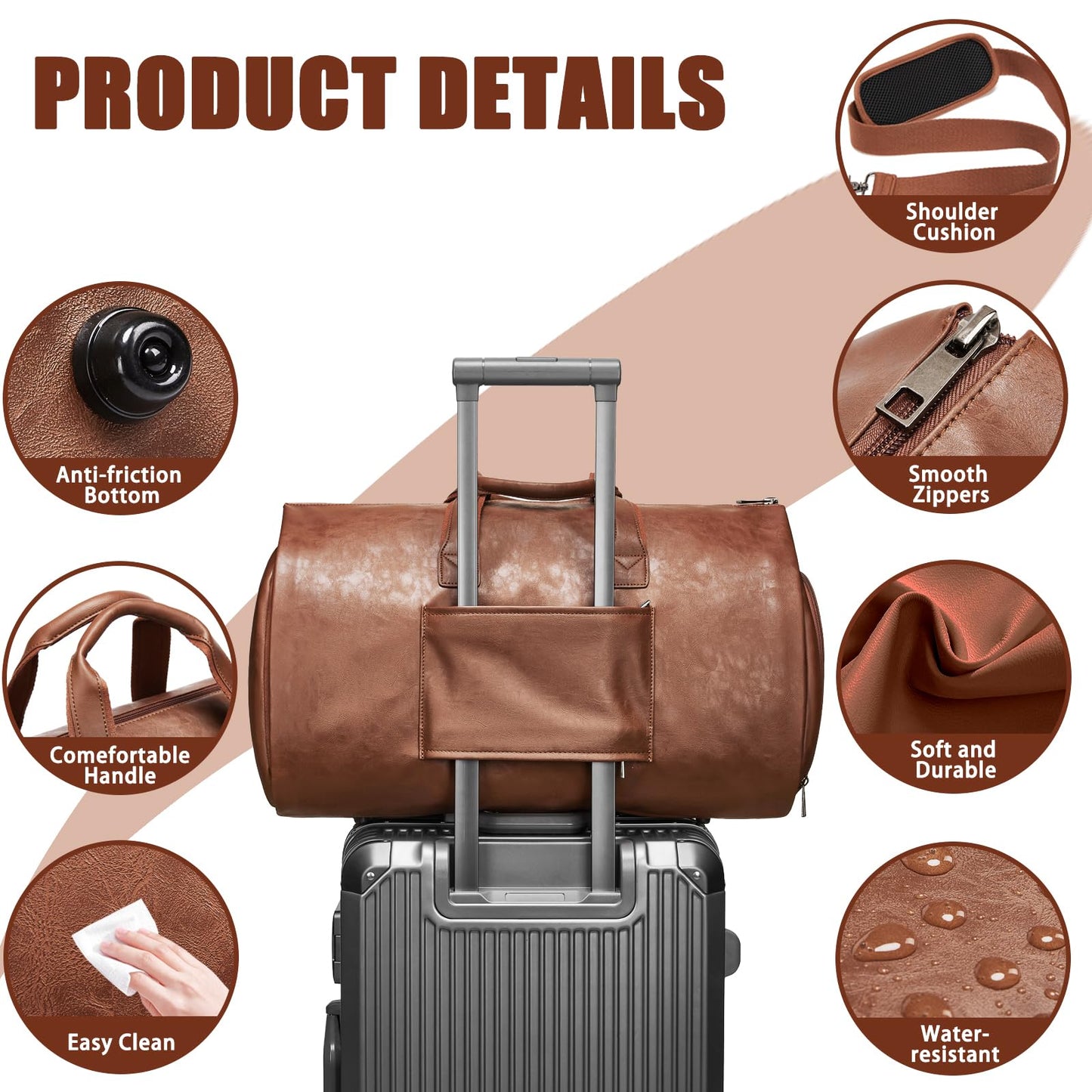Leather Garment Bag，Convertible Garment Duffel Bag for Travel Mens Suit Bag 2 in 1 Waterproof Foldable Carry on Garment Bag with Shoulder Strap Weekender Bag with Shoe Pouch