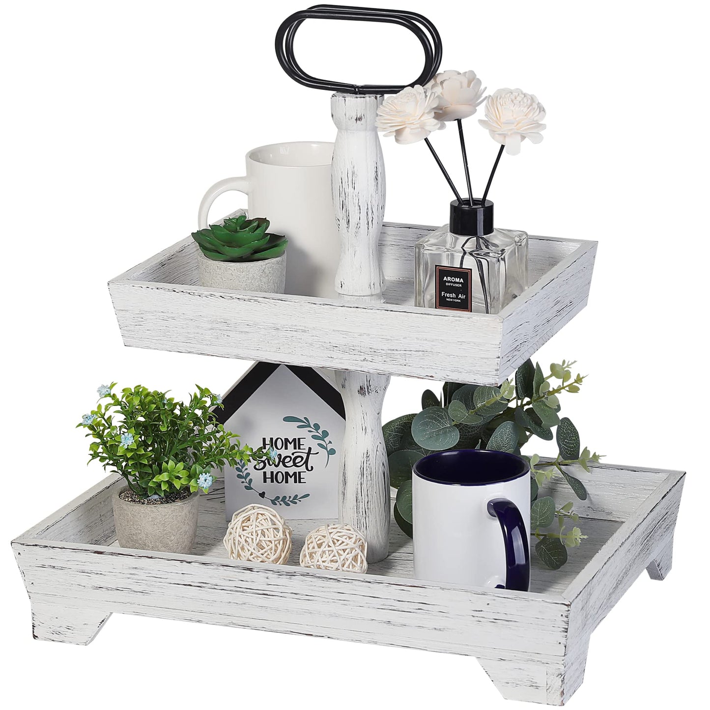 Eufrozy 2-Tier Farmhouse Tiered Tray Stand, Rustic White Wooden Decorative Serving Tray with Metal Handles, Rectangular Display Stand for 4th of July Decorations, Kitchen Table Housewarming Gifts