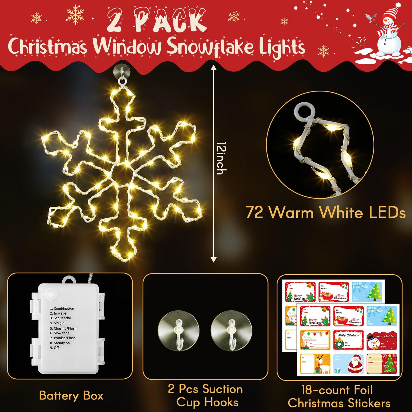 Hiboom 2 Pack Christmas Window Lights, 12 Inch Snowflake Lighted Decorations Wrapped with LED String Lights, 8 Modes Battery Powered Christmas Window Light for Xmas Indoor Decor (Warm White)