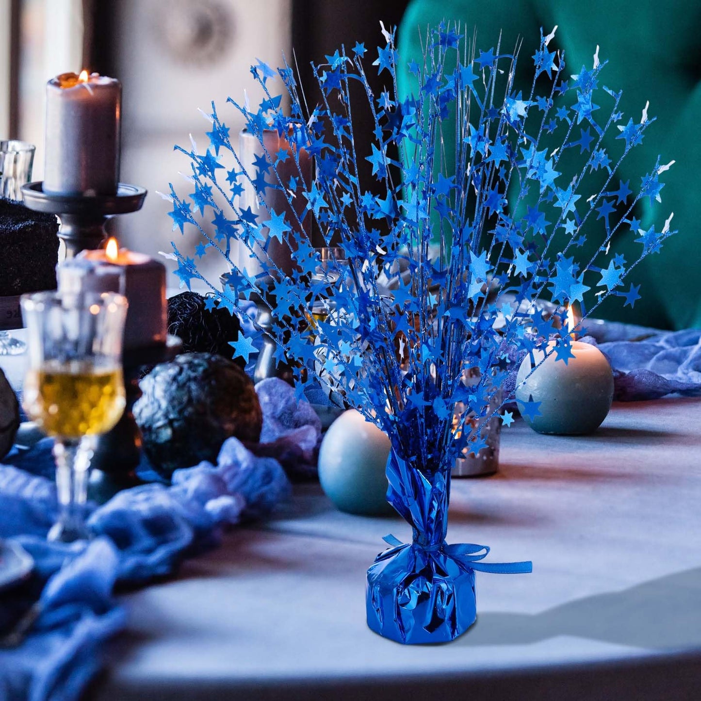 Crowye 3 Pcs Table Centerpiece for Party Blue Star Table Decoration Metallic Foil Spray Centerpiece for Birthday 4th of July 250th Anniversary Party Decorations